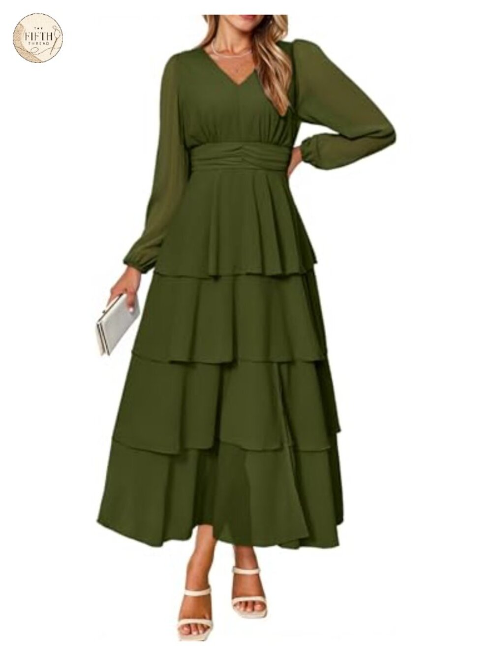 BerryGo Chiffon Long Sleeve Maxi Dress V Neck Ruffle Tiered Wedding Guest